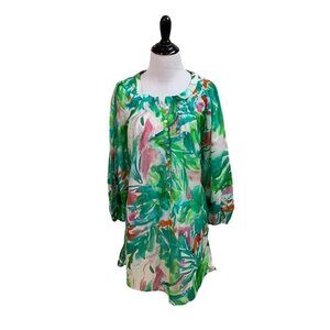Blue Illusion Women's S Small 100% Silk Blouse Tropical Print NWT Lightweight